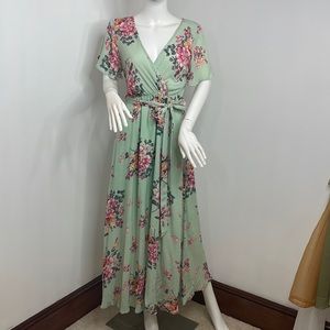 Illa Illa Maxi Dress S Floral Green Flutter Sleeves Matching Belt Lined Party